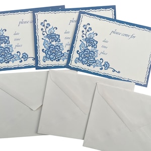 Lot de 10 cartes d'invitation Gordon Fraser bleues et blanches avec enveloppes – Papeterie britannique vintage – Faire-part de fête vierge