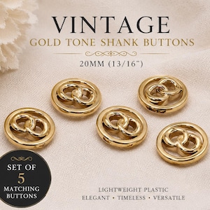 5 Vintage Gold Tone Designer Style Shank Buttons | 20mm Interlocking Link Buttons | Lightweight Plastic | Blazer Sweater Sewing Supplies