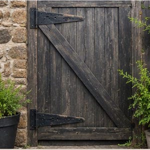 May include: A dark stained wooden door featuring vertical planks and a diagonal brace. The door is mounted with two large, black, heavy-duty iron strap hinges that extend across the wood surface, providing a functional and industrial appearance.