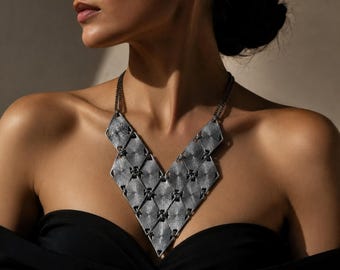 Vintage Brutalist Geometric Statement Necklace Silver Tone Mod Bib Necklace Mid Century Modern Jewelry