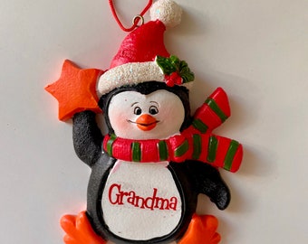 Vintage Christmas ornament - Resin penguin that reads "Grandma"