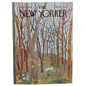 May include: A vintage magazine cover of The New Yorker dated April 10, 1965. The illustration depicts a dense forest scene with bare, brown, and grey tree trunks against a pale blue sky. Small clusters of white flowers grow on the forest floor.