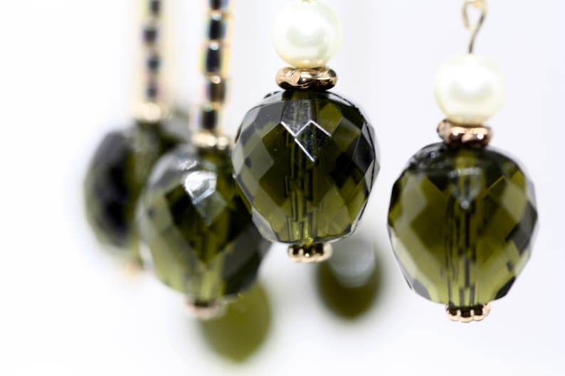 Your choice of handmade upcycled earrings findings and ear wires made of vintage faceted olive green dangles combined with new beads