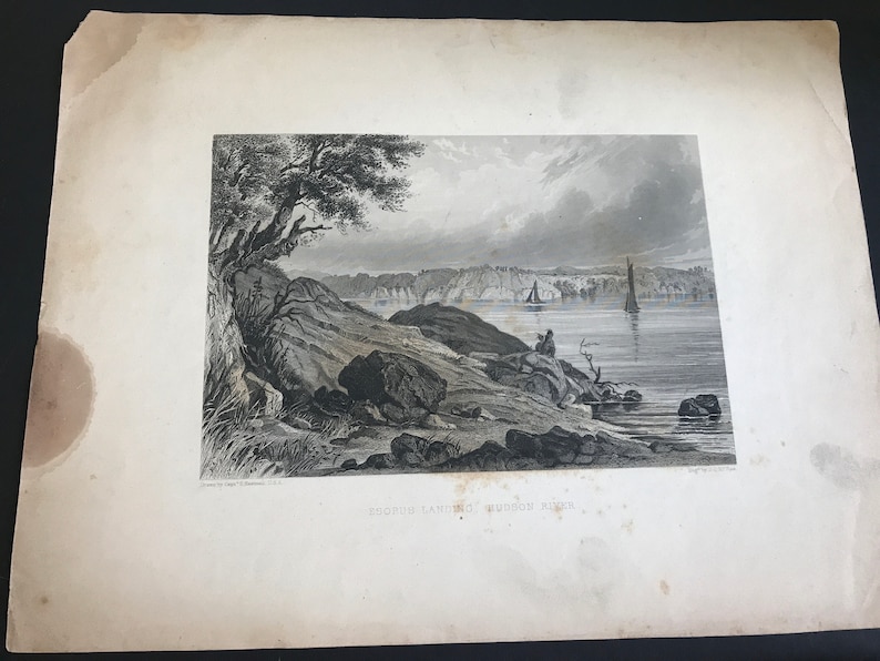 Very Rare Esopus Landing Hudson River by Captain S Eastman Etching print from the 1800/'s JC McRae