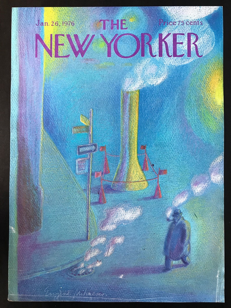 K&ouml;nnte beinhalten: Ein Vintage-Cover des New Yorker Magazins vom 26. Januar 1976 mit einer farbenfrohen Illustration einer Stadtszene mit einem hohen Geb&auml;ude, einer Person, die geht, und einer Stra&szlig;e mit einer Pf&uuml;tze. Der Text "THE NEW YORKER" ist in Lila auf dem Cover gedruckt, zusammen mit dem Datum und dem Preis.