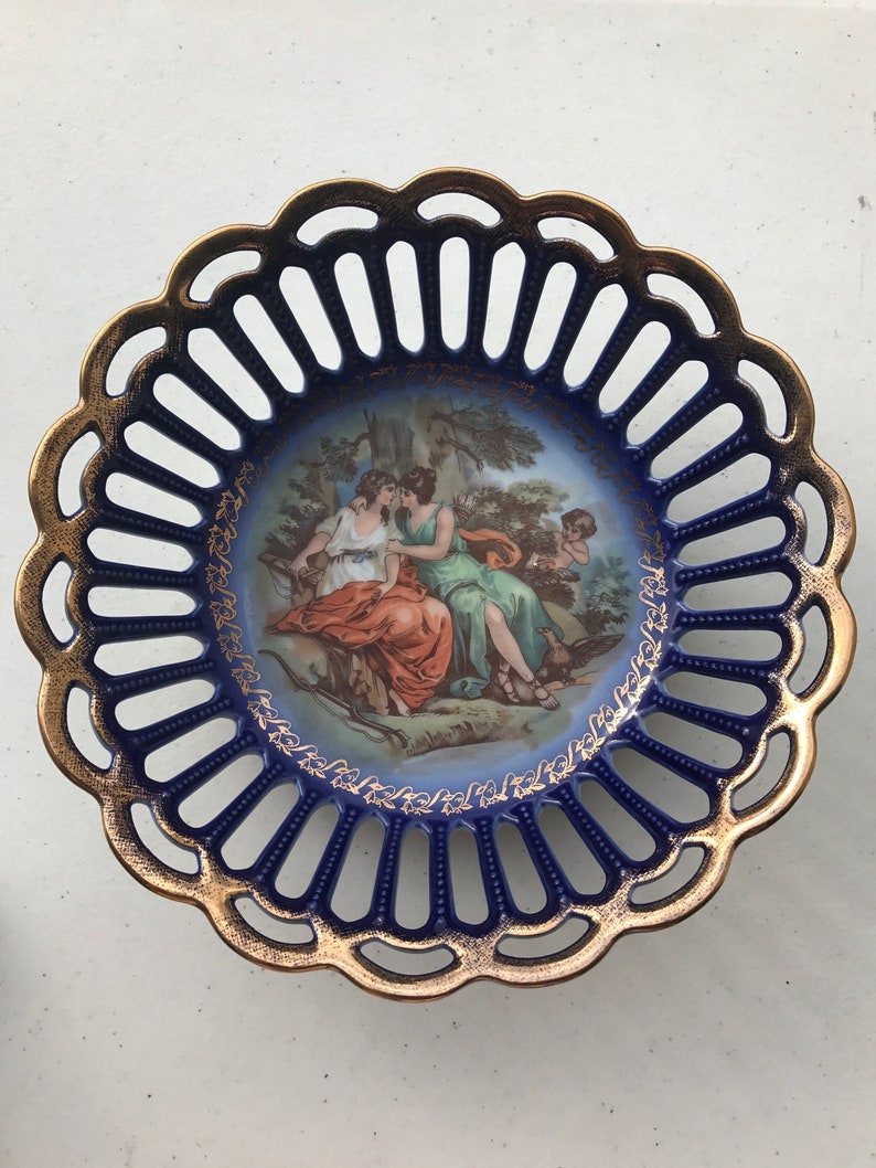 Porcelain Basket with Angel and two women Scene by Friedrich Eger Martinroda Germany PM golden porcelain basket and 24 karat gold