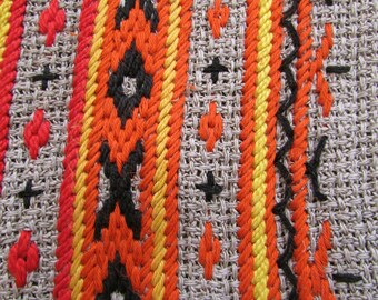 Vintage embroidered burnt orange and burlap bag / handbag / pouch / hobo / drawstring bag - orange, black and yellow