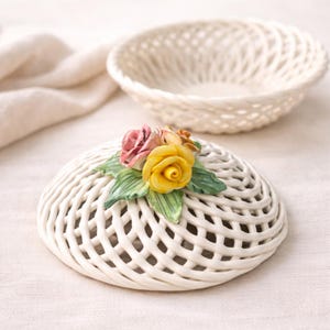 Vintage Signed Bassano Italian Capodimonte woven basket weave style porcelain white lidded basket with flowers