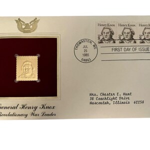 Líder da Guerra Revolucionária - General Henry Knox - Selo postal do primeiro dia de emissão e réplica de ouro 22K com cartão de informações