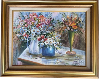 Vintage Floral Still Life Painting Framed, Signed Oil Painting Flowers, Cottage Decor Wall Art, Colorful Bouquet Artwork