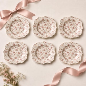 May include: Six decorative plates with a floral pattern in shades of pink, cream, and gold. The plates have a scalloped edge and are arranged on a cream-colored surface, with a pink ribbon and flowers.
