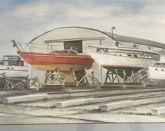 Original watercolor of boats - matted, framed and signed by artist