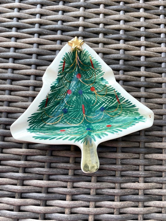 Vintage ceeramic Christmas tree dish - Hand Painted In Italy For FB - Signed with patent and Numbered