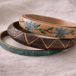 Vintage Artisan Bangle Bracelet Set, Turquoise Inlay Brass + Hand Carved Wood Stack, Curated Boho Luxe Jewelry
