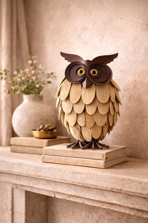 Driftwood & Metal Owl Sculpture – Mid Century Modern MCM Style