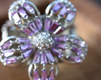 Stunning and unique vintage clear rhinestones and purple baguettes flower ring