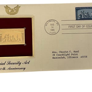 50° anniversario del Social Security Act - Francobollo del primo giorno di emissione e replica in oro 22K con scheda informativa - Postal Commemorative Society