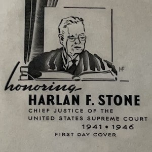 May include: Black and white illustration of Harlan F. Stone, Chief Justice of the United States Supreme Court, 1941-1946. The illustration shows Stone in his judicial robes, sitting on a bench with a book in front of him. The text "honoring" is written in cursive above the illustration.