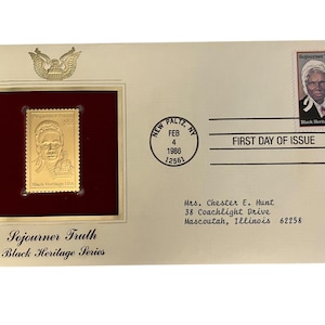Sojourner Truth Black Heritage Ersttagsstempel & 22K Gold Replica mit Infokarte - von der Postal Assoc Great American Stamps
