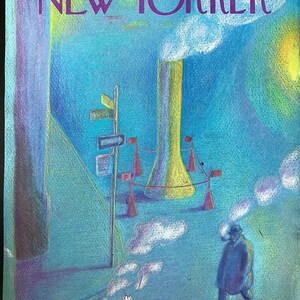 K&ouml;nnte beinhalten: Das Cover des New Yorker Magazins vom 26. Januar 1976, mit einer blauen und violetten Stadtlandschaft mit einem hohen gelben Schornstein und einem Mann, der auf der Stra&szlig;e geht. Das Coverbild stammt von Eugene Mihaesco.