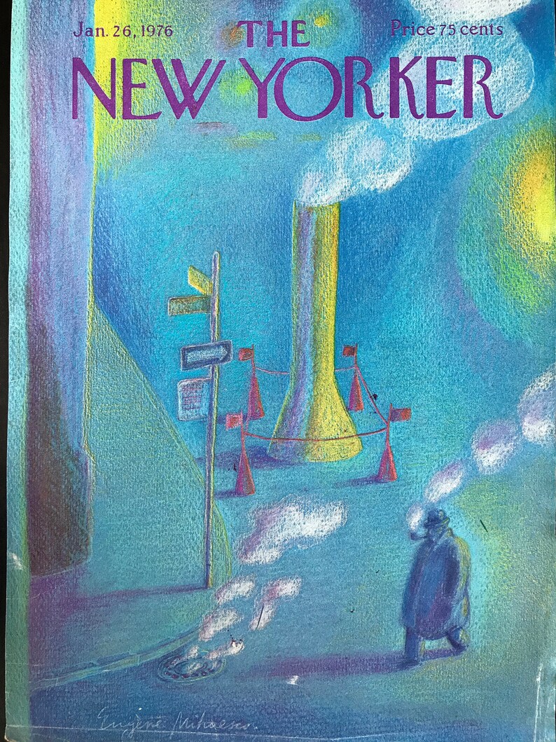 K&ouml;nnte beinhalten: Das Cover des New Yorker Magazins vom 26. Januar 1976, mit einer blauen und violetten Stadtlandschaft mit einem hohen gelben Schornstein und einem Mann, der auf der Stra&szlig;e geht. Das Coverbild stammt von Eugene Mihaesco.