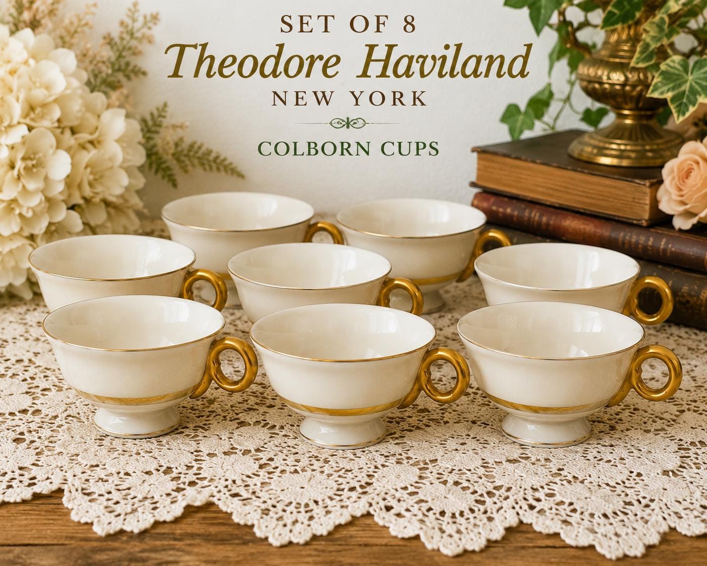 Set of 8 Theodore Haviland New York Colborn Cups | Vintage Ivory