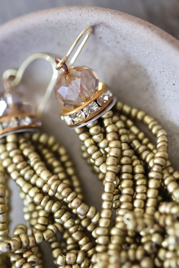 Stunning vintage beadwork gold tassel and crystal… - image 2