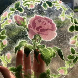 Your choice of stunning pink rose art glass large plates, small plates and/or bowls