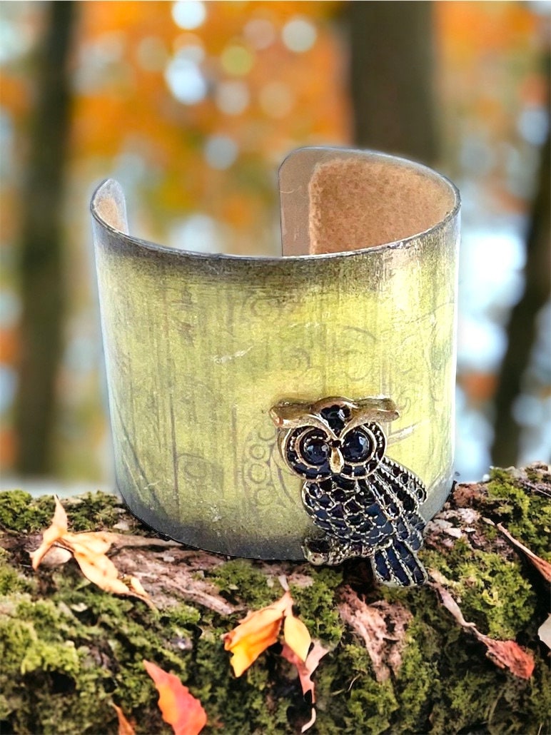 Vintage handmade green cuff bracelet with owl