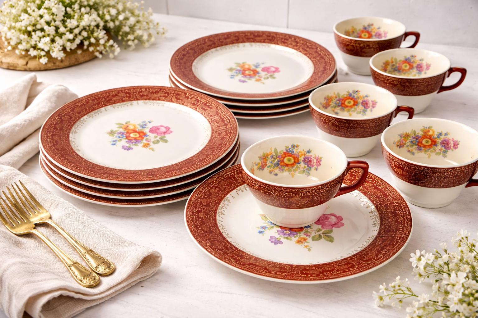 A Meissen `Pink Rose' pattern part dinner service, 20th century