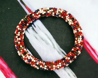 Seed beaded vintage bangle bracelet - Shades of red, white and dark navy blue