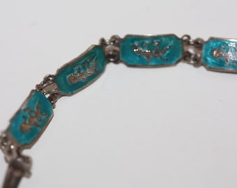 Vintage SIAM link panel link bracelet with Inlaid turquoise - from Thailand - stamped Sterling silver - Mekkahah Goddess
