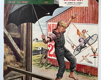 May include: A vintage magazine cover featuring a boy balancing on a wooden beam with an umbrella in his hand. The cover is for the Saturday Evening Post, June 11, 1949, and features the headline "Why the CIO Bowed Out" by James B. Carey.