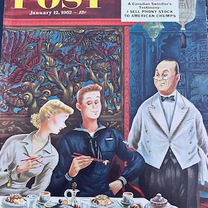Puede incluir: Una portada vintage de la revista The Saturday Evening Post del 12 de enero de 1952, con una ilustración de tres personas sentadas en una mesa en un restaurante chino. El titular dice "I Was Slaughtered To Please A Crowd" y "I Sell Phony Stock To American Chumps".