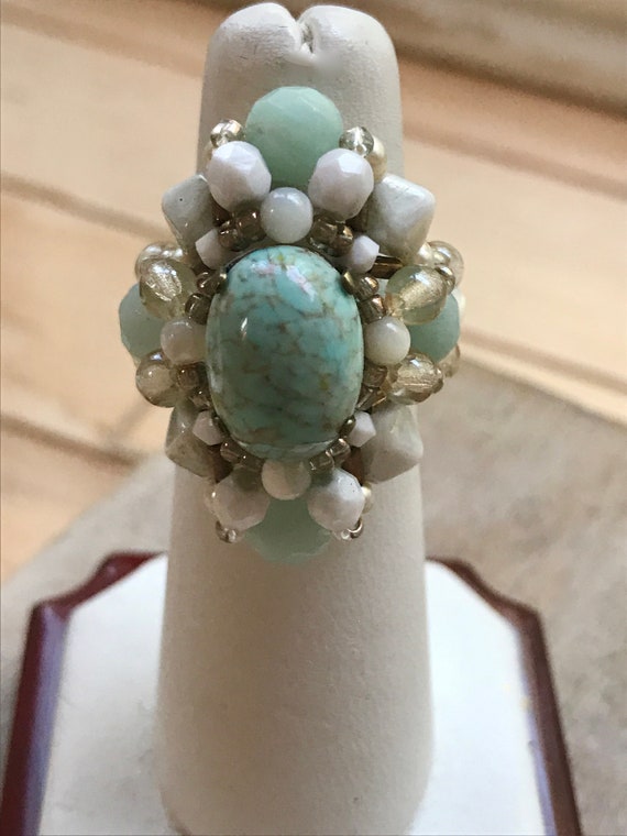 Stunning handmade hand beaded vintage ring - bead… - image 1