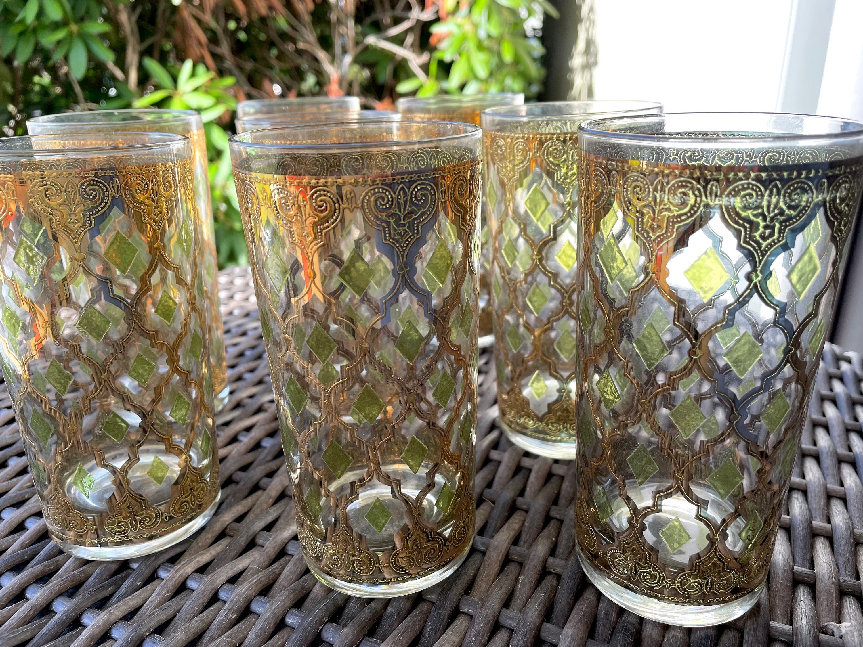 Set of4 Vintage Etched Glass Gold Rim Wine Glasses 2- 7 1/2”, 1- 6 3/4”, 1  7 1/4