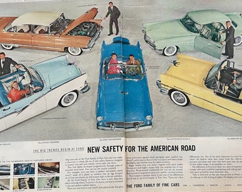 Ford-bilfamiljens originalannons (inte en nytryckning) från en tidning från 1950-talet - 2-sidigt uppslag - retro, mid-century modern, MCM