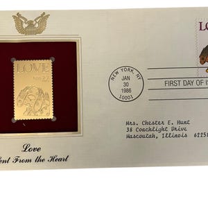 1986 - 22 Cent LOVE Briefmarke - erster Tag der Ausgabe & 22K Gold Replik mit Info-Karte der Great American Stamps der Postal Society