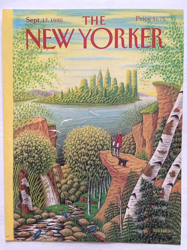 May include: The New Yorker magazine cover from September 17, 1990, featuring a painting of a man and his dog standing on a cliff overlooking a city in the distance. The city is surrounded by water and trees. The painting is by Bob Knox.
