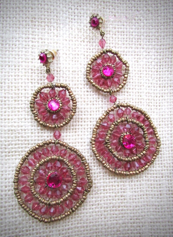 Very long handcrafted vintage pink & gold beaded … - image 2