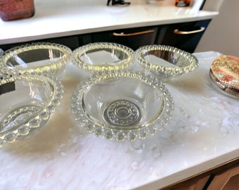 Set of 5 vintage hobnail edged clear glass vintage shallow bowls - 5" each
