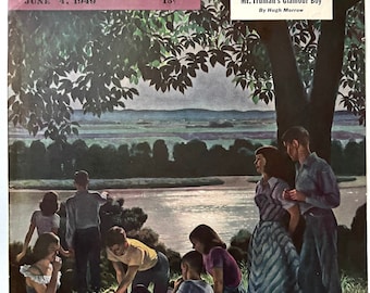 May include: A vintage cover of The Saturday Evening Post magazine from June 4, 1949, featuring an illustration of a group of people picnicking by a river under a tree. The cover text reads "Now the Russians are Fleeing Russia" and "Mr. Truman's Glamour Boy".