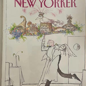 May include: The New Yorker magazine cover from March 19, 1990, featuring an illustration of a waiter carrying a tray of ornate food items. The cover art includes the magazine title in a pink font and the price.