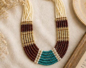 Boho Statement Necklace Multi Strand Beaded Necklace Brown Ivory Turquoise Chunky Necklace Bold Jewelry