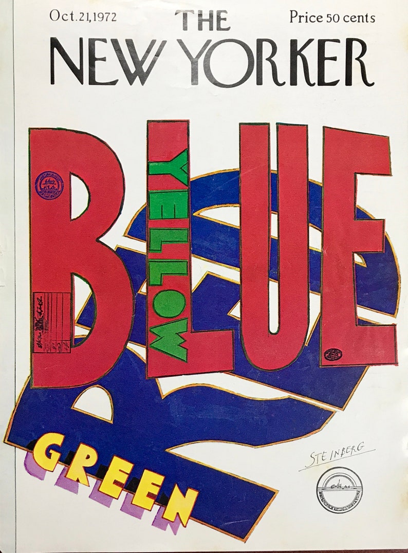 以下が含まれることがあります： 1972年10月21日号のニューヨーク誌の表紙。カラフルなイラストで「BLUE」という単語が描かれており、「L」の中に「YELLOW」という単語が縦書きで書かれ、「BLUE」の下に「GREEN」という単語が書かれている。表紙はソール・スタインバーグがデザインした。