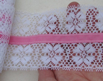 Wide vintage white lace with pink ribbon in the center - by the yard