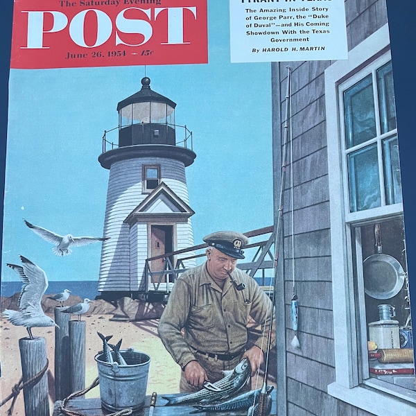Saturday Evening Post - Capa Original - 26 de junho de 1954 - pescador, gaivotas, praia