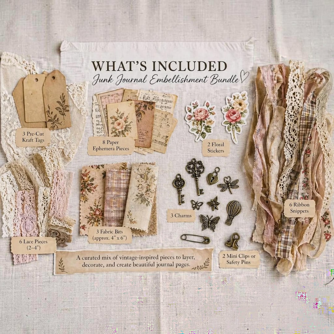 Junk Journal Embellishment Bundle, Vintage Ephemera Kit, Tags Lace ...