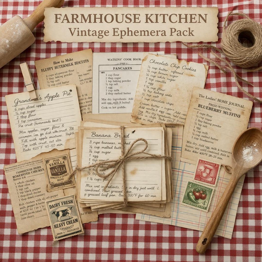 Farmhouse Kitchen Vintage Ephemera Pack, Recipe Papers, Junk Journal ...