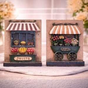 Three dimensional vintage resin tile wall hangings - fruit stand and flower stand